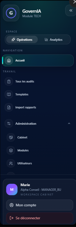 Barre latérale cabinet avec sélecteur Opérations / Analytics et navigation par module