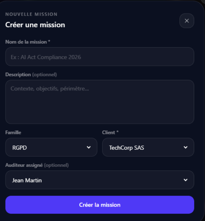Formulaire de création de mission