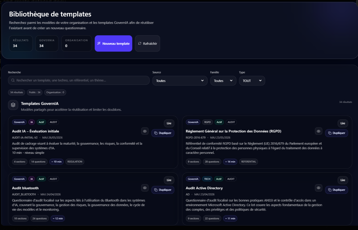 Bibliothèque de templates — 34 templates GovernIA disponibles, filtres Source / Famille / Type, cartes avec sections, questions et durée estimée