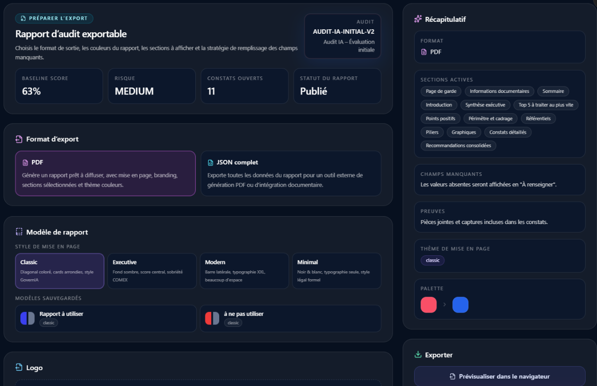 Configuration d'export — format PDF ou JSON, choix du modèle (Classic, Executive, Modern, Minimal), palette couleurs et sections actives