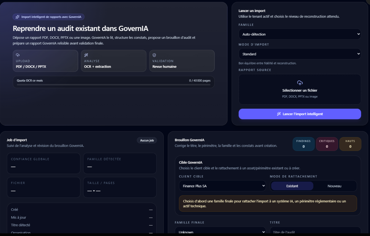 Import intelligent — upload PDF/DOCX/PPTX, détection automatique de la famille, extraction OCR + IA, brouillon avec constats et recommandations