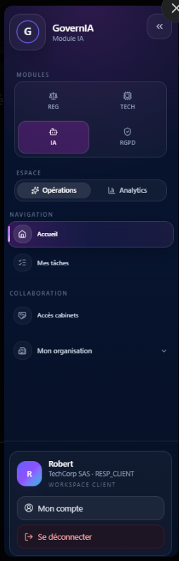 Barre latérale client — sélecteur de module (IA, REG, TECH, RGPD), espace Opérations / Analytics, navigation (Accueil, Mes tâches, Accès cabinets, Mon organisation)