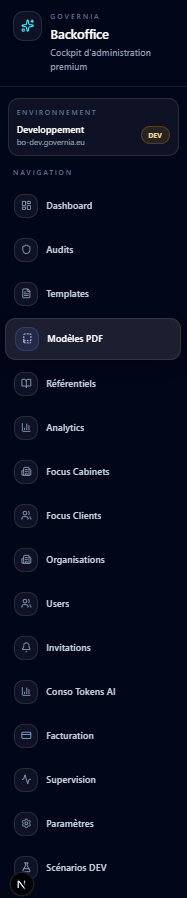 Sidebar backoffice — Dashboard, Audits, Templates, Modèles PDF, Référentiels, Analytics, Focus Cabinets, Focus Clients, Organisations, Users, Invitations, Conso Tokens AI, Facturation, Supervision, Paramètres, Scénarios DEV