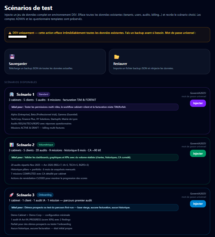 Scénarios de test — 3 scénarios disponibles : Standard (3 cabinets, 5 clients, 5 audits, billing mixte), Volumétrique (20 audits, 9 missions, historique 6 mois, CA ~90k€), Onboarding (1 cabinet, 1 client, 1 audit IA — premier audit vierge)