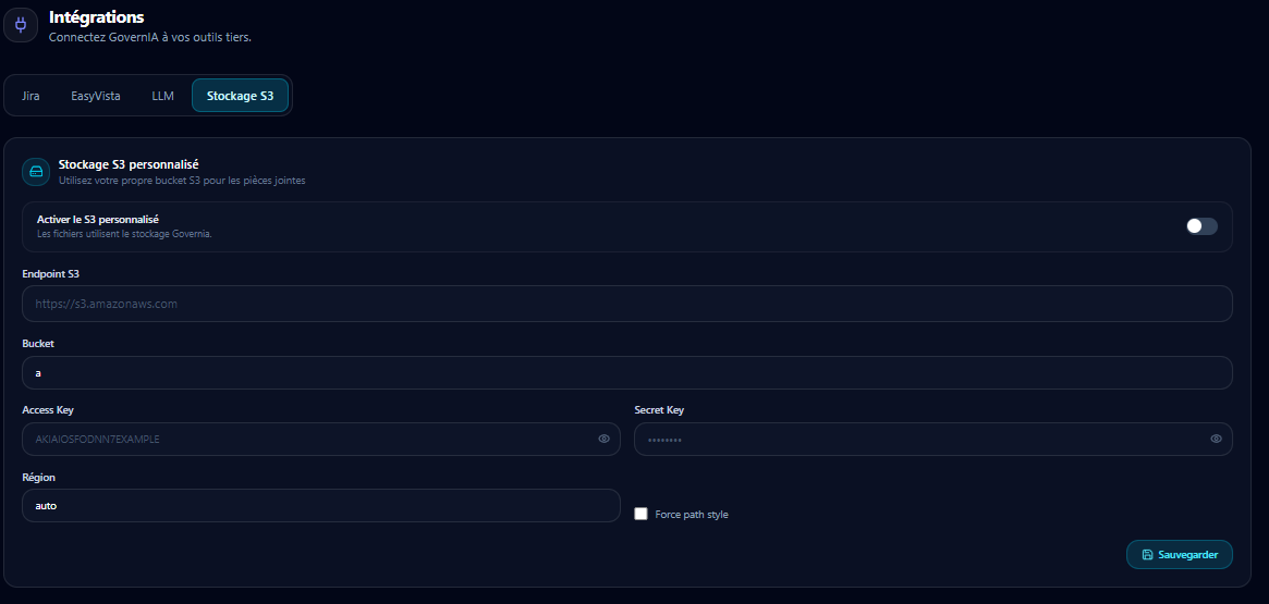 Stockage S3 personnalisé — endpoint, bucket, access key, secret key, région, force path style