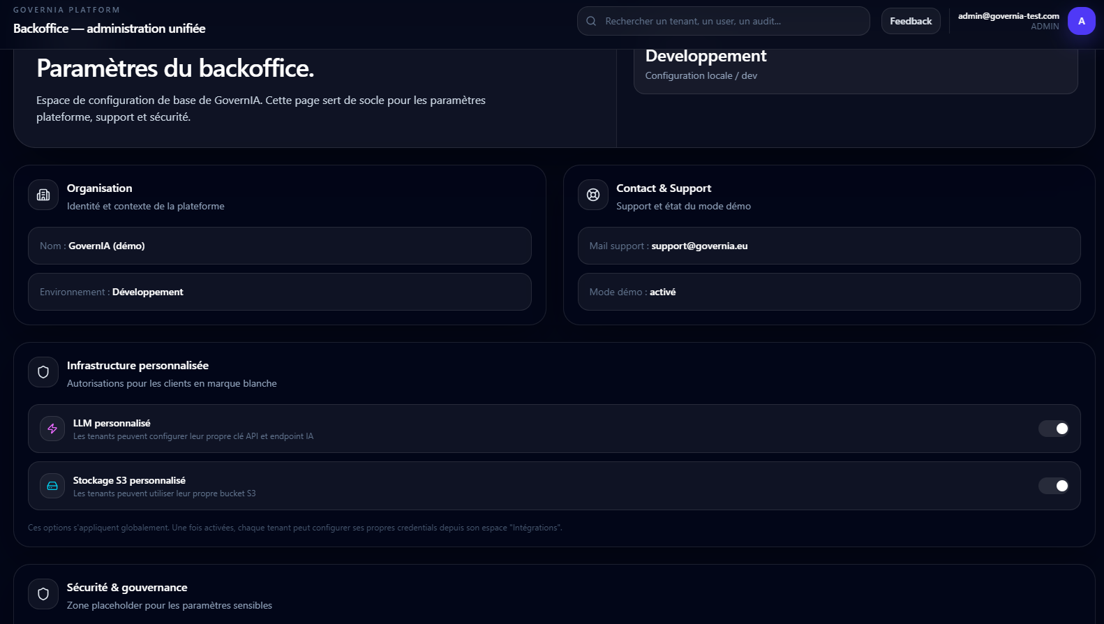 Paramètres backoffice — organisation, contact/support, infrastructure personnalisée (LLM et S3) avec toggles activé/désactivé, sécurité & gouvernance